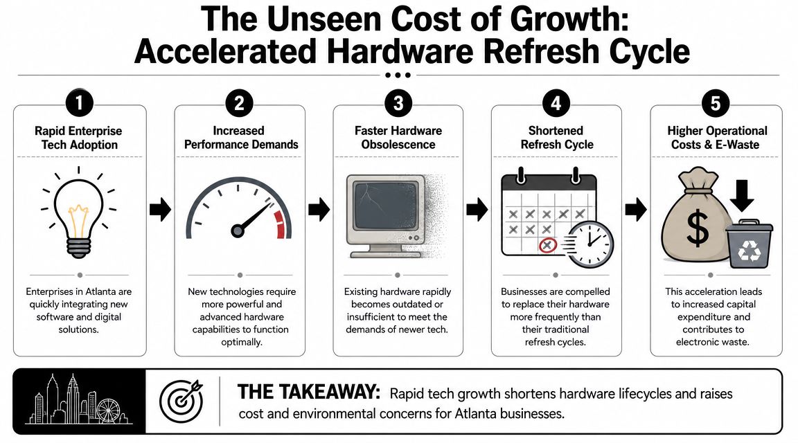 A five-step infographic explaining how rapid tech growth in Atlanta accelerates hardware refresh cycles and waste.