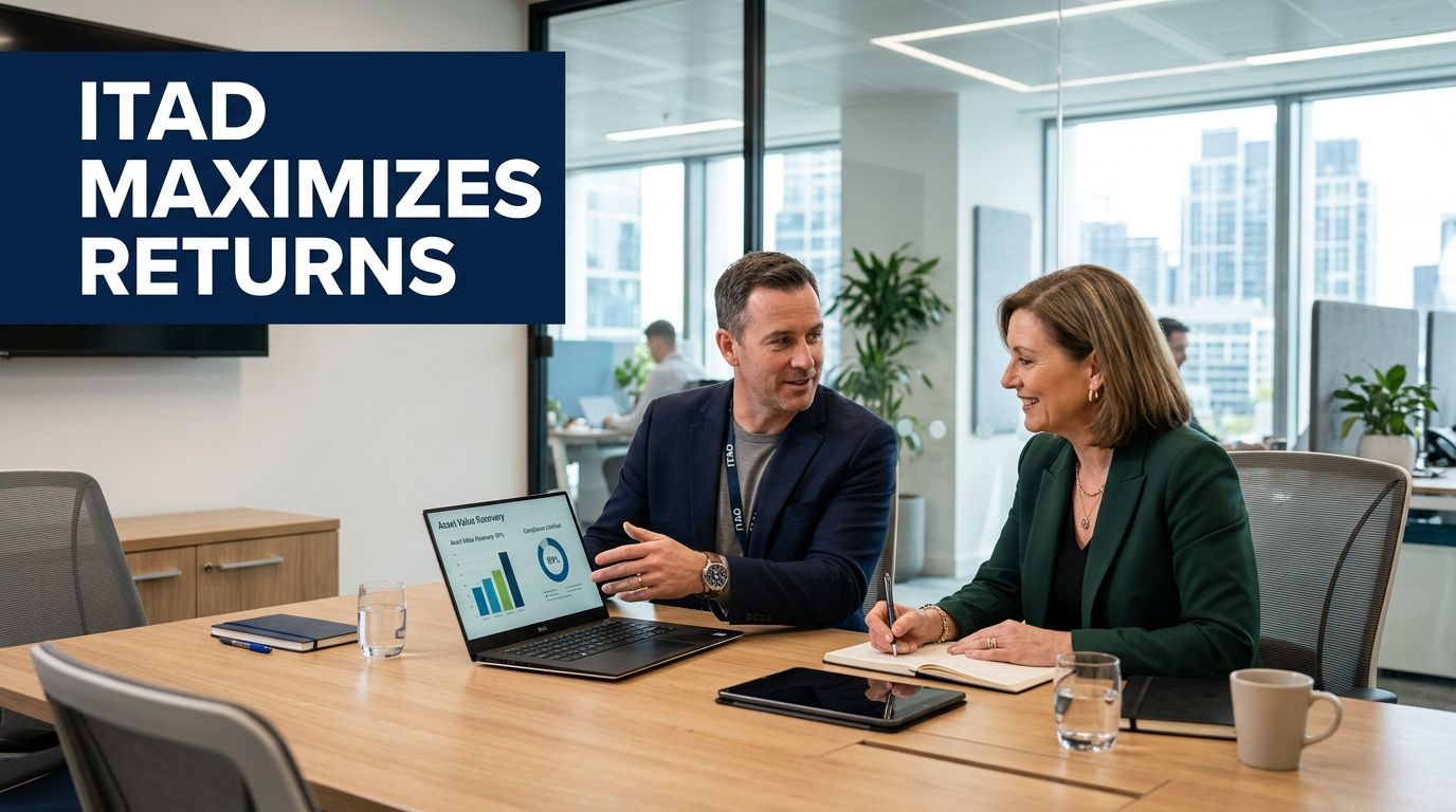 A professional man and woman discussing data on a laptop inside a modern office conference room.