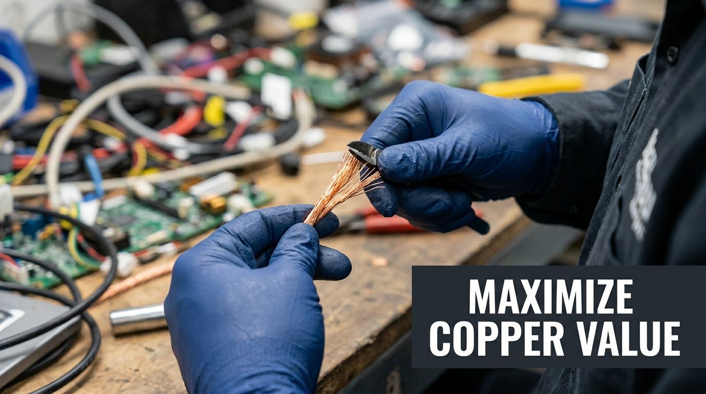 A worker in blue gloves prepares and processes scrap bare bright copper wiring for recycling value.