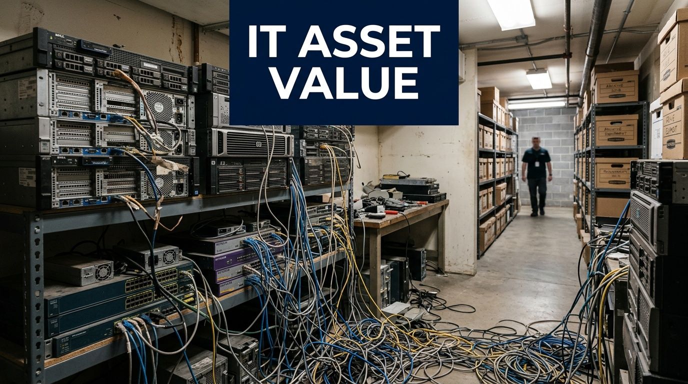 A storage room filled with IT server equipment, cables, and boxes with a technician in background.