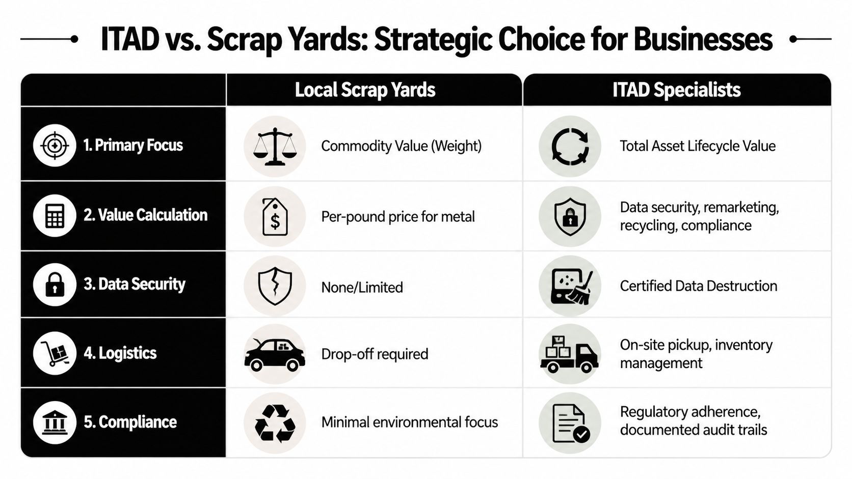 A comparison chart outlining the strategic business differences between local scrap yards and ITAD specialists.