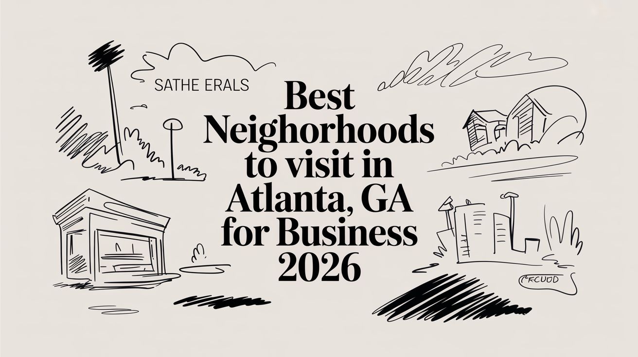 best-neighborhoods-to-visit-in-atlanta-ga-atlanta-sketch - Beyond Surplus ITAD | 770-740-6640 Header: Best Neighborhoods to visit in Atlanta, GA for Business 2026 with doodle-style houses and trees around it.