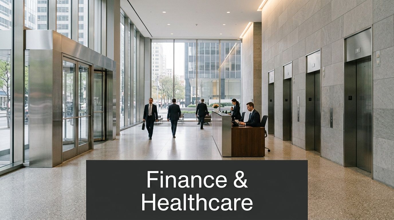 A professional business lobby in a skyscraper with people walking and a receptionist at the desk.