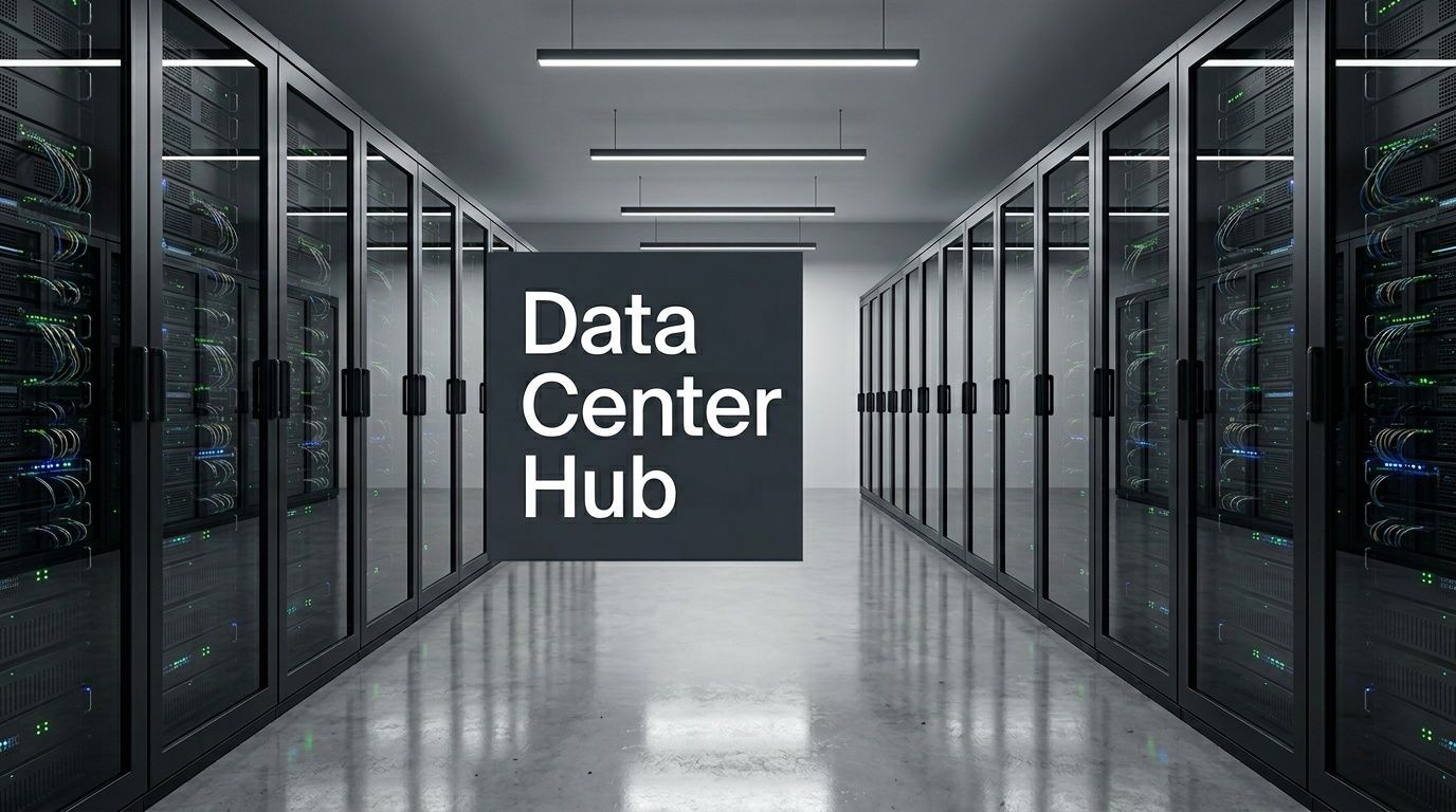 A modern data center aisle lined with numerous server racks with blinking green indicator lights.