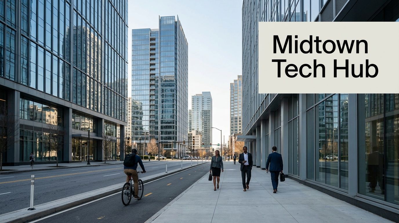 Professionals walking and a person riding a bicycle past modern office buildings in Midtown Atlanta.