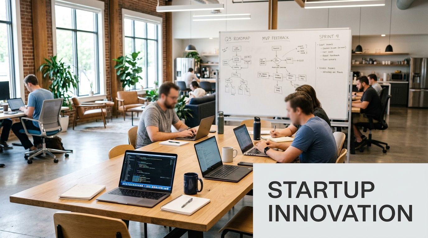 A modern open-plan office space with professionals collaborating on laptops around a large wooden table.