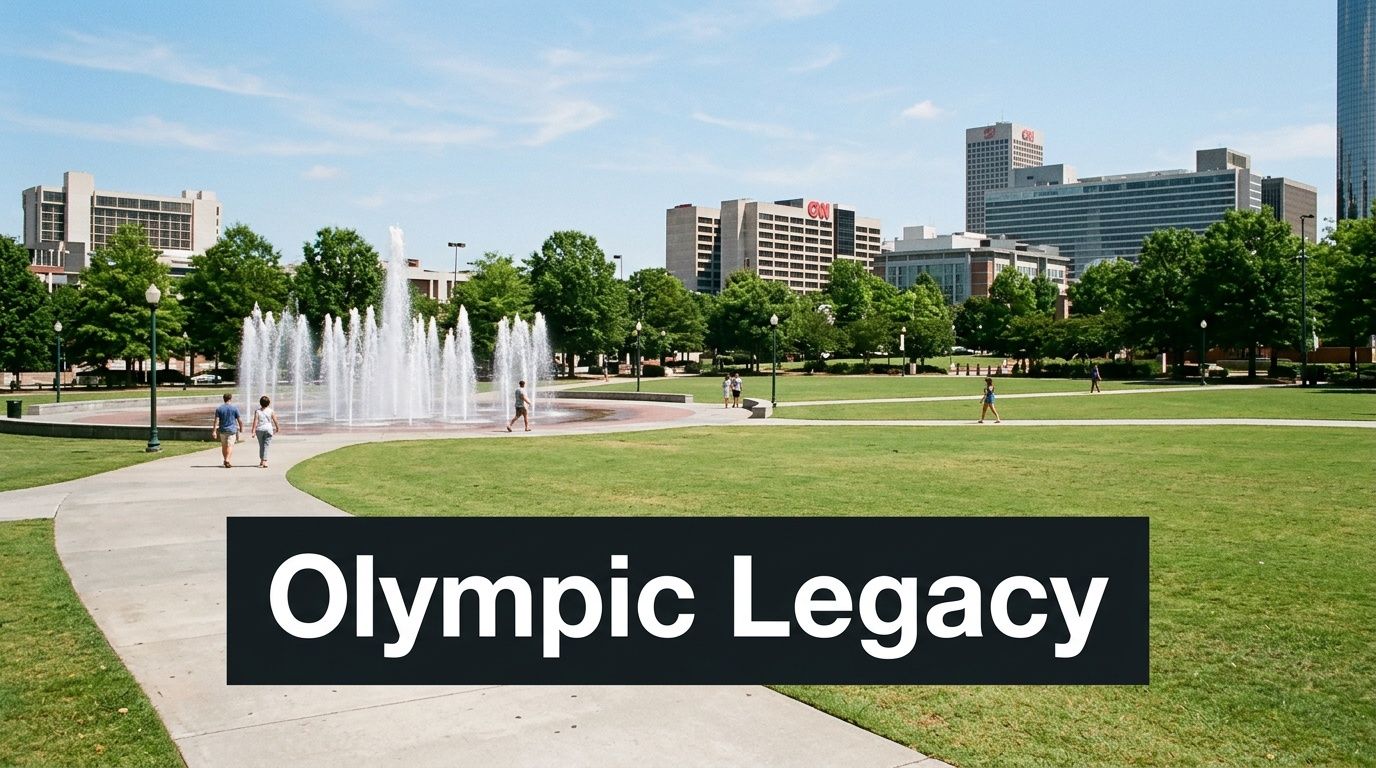 A sunny day at Centennial Olympic Park in Atlanta with a large fountain and city buildings background.