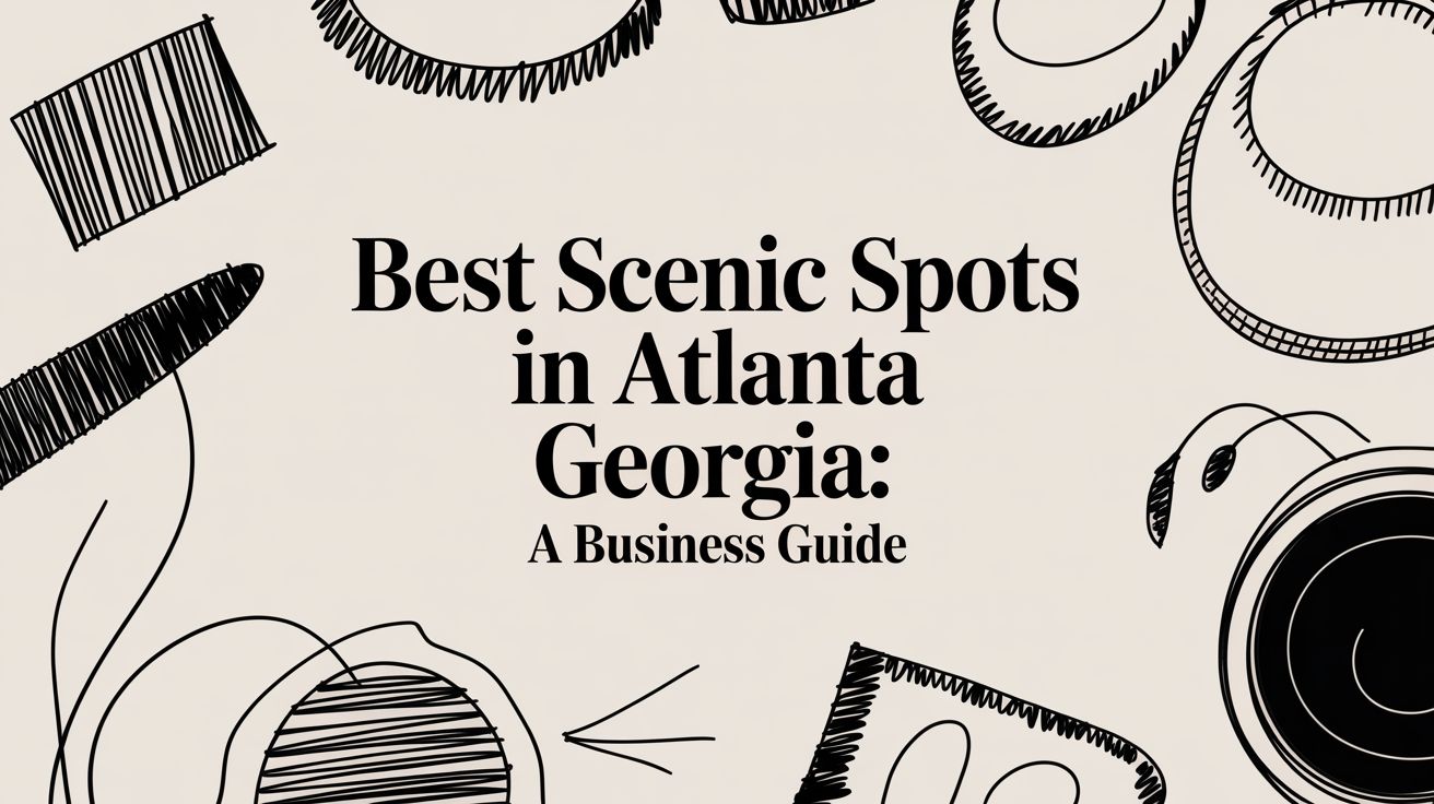 best-scenic-spots-in-atlanta-georgia-title-graphic - Beyond Surplus ITAD | 770-740-6640 Title text reads: 'Best Scenic Spots in Atlanta Georgia: A Business Guide' with beige background and hand-drawn doodles around the edges, like hats and circles.