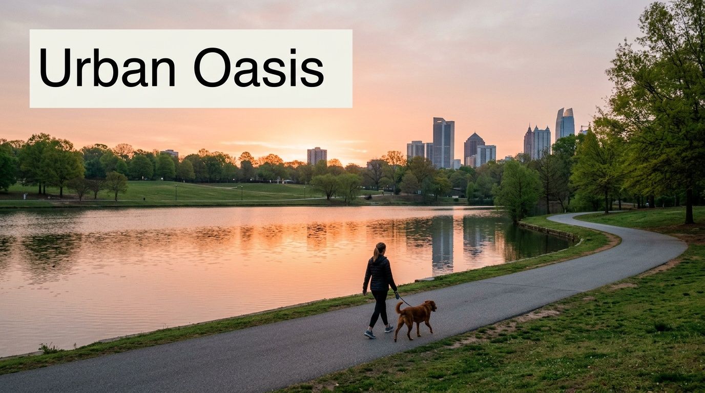 A woman walking her dog along a scenic paved path by a lake in Atlanta at sunset.