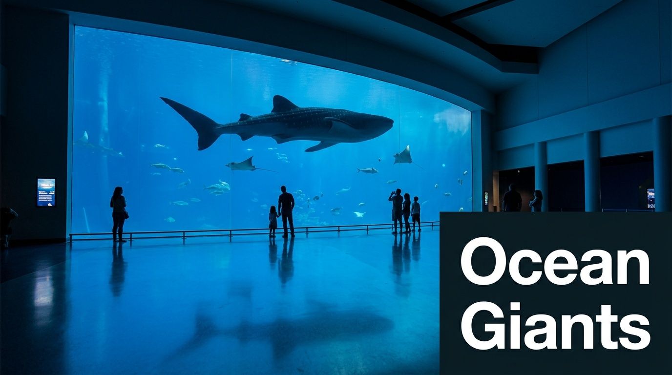 A large whale shark swimming in a massive aquarium tank with visitors watching from the floor.