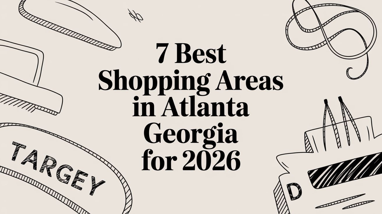 best-shopping-areas-in-atlanta-georgia-shopping-guide - Beyond Surplus ITAD | 770-740-6640 Hero image for an article: '7 Best Shopping Areas in Atlanta Georgia for 2026' with shopping doodles around the title.