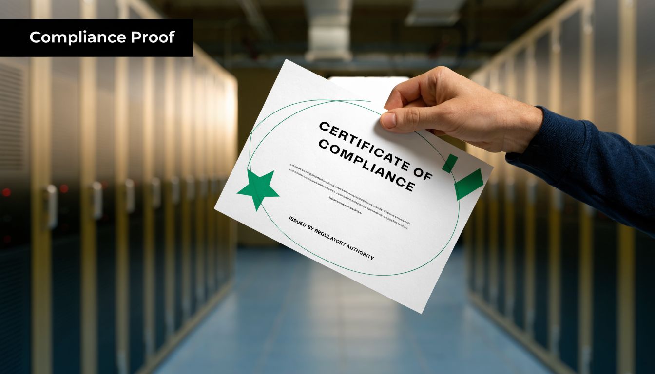 A hand holding a certificate of compliance in a data center with server racks in the background.