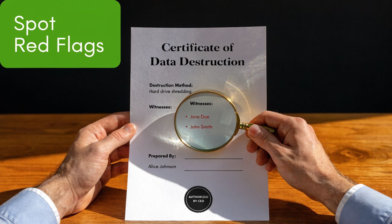 A person holding a certificate of data destruction with a magnifying glass held over witness names.