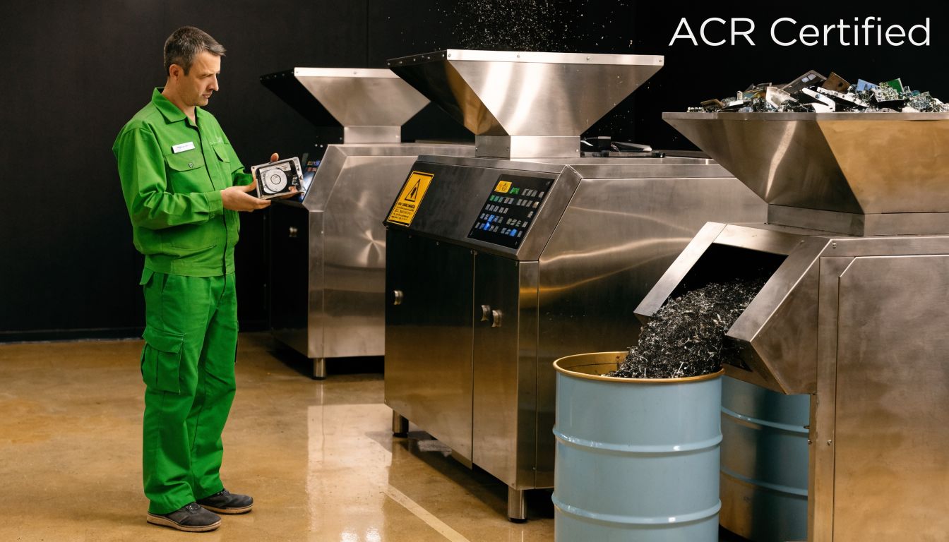 A technician wearing a green uniform holding a hard drive near an industrial shredding machine for recycling.
