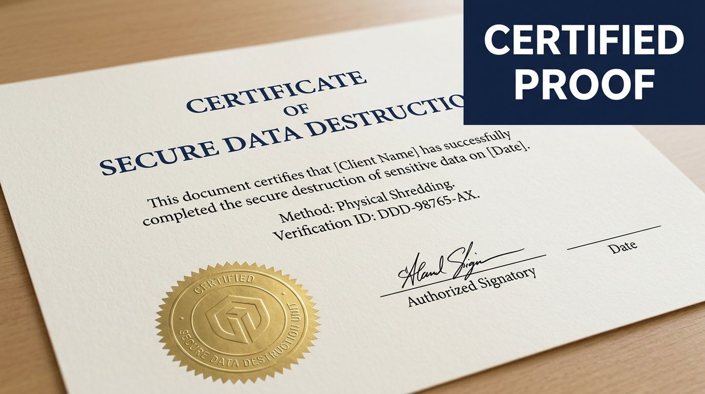 A professional document titled Certificate of Secure Data Destruction placed on a clean wooden desk surface.