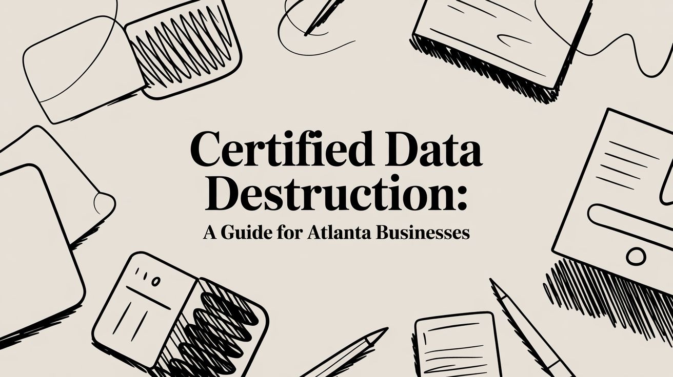 Cover graphic: 'Certified Data Destruction: A Guide for Atlanta Businesses' with hand-drawn office icons around on a beige background.