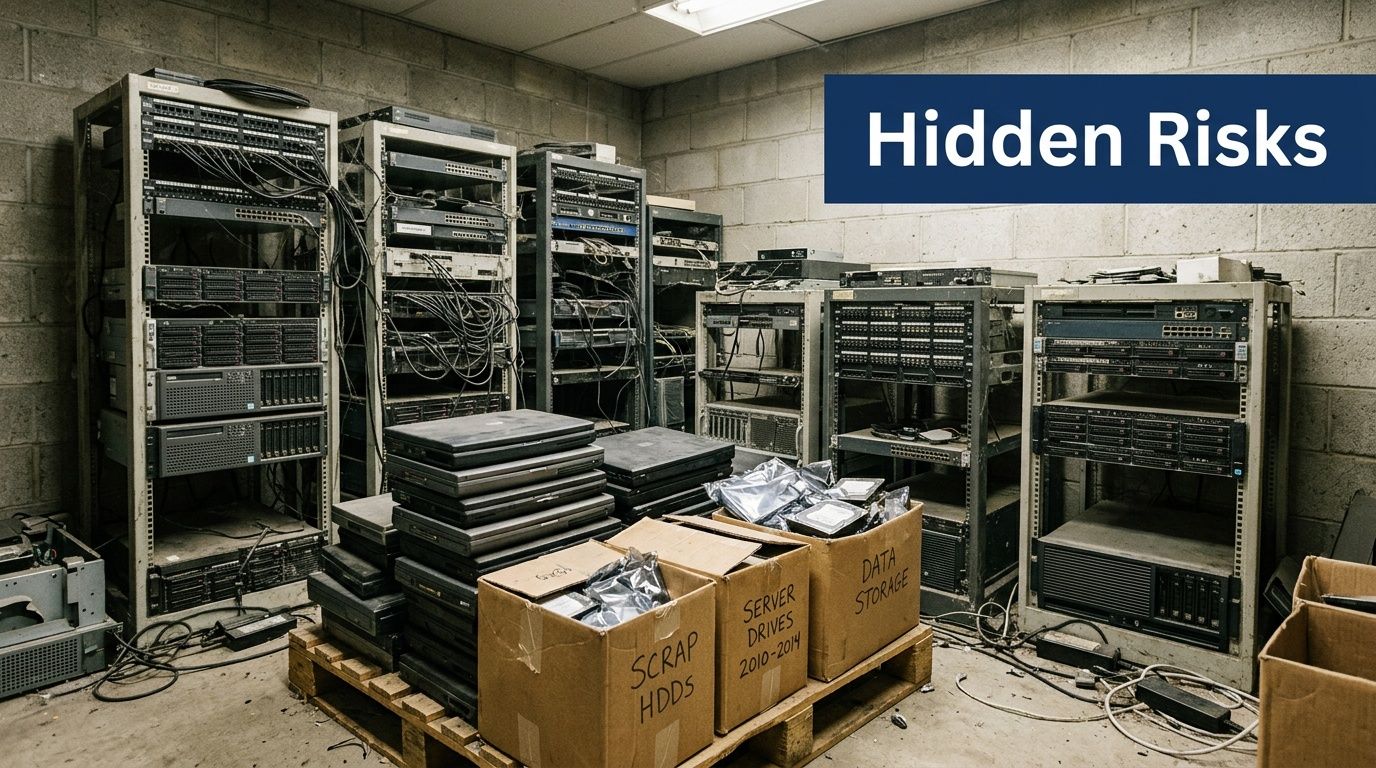 A server room containing stacks of old laptops, hard drives, and networking equipment in storage boxes.