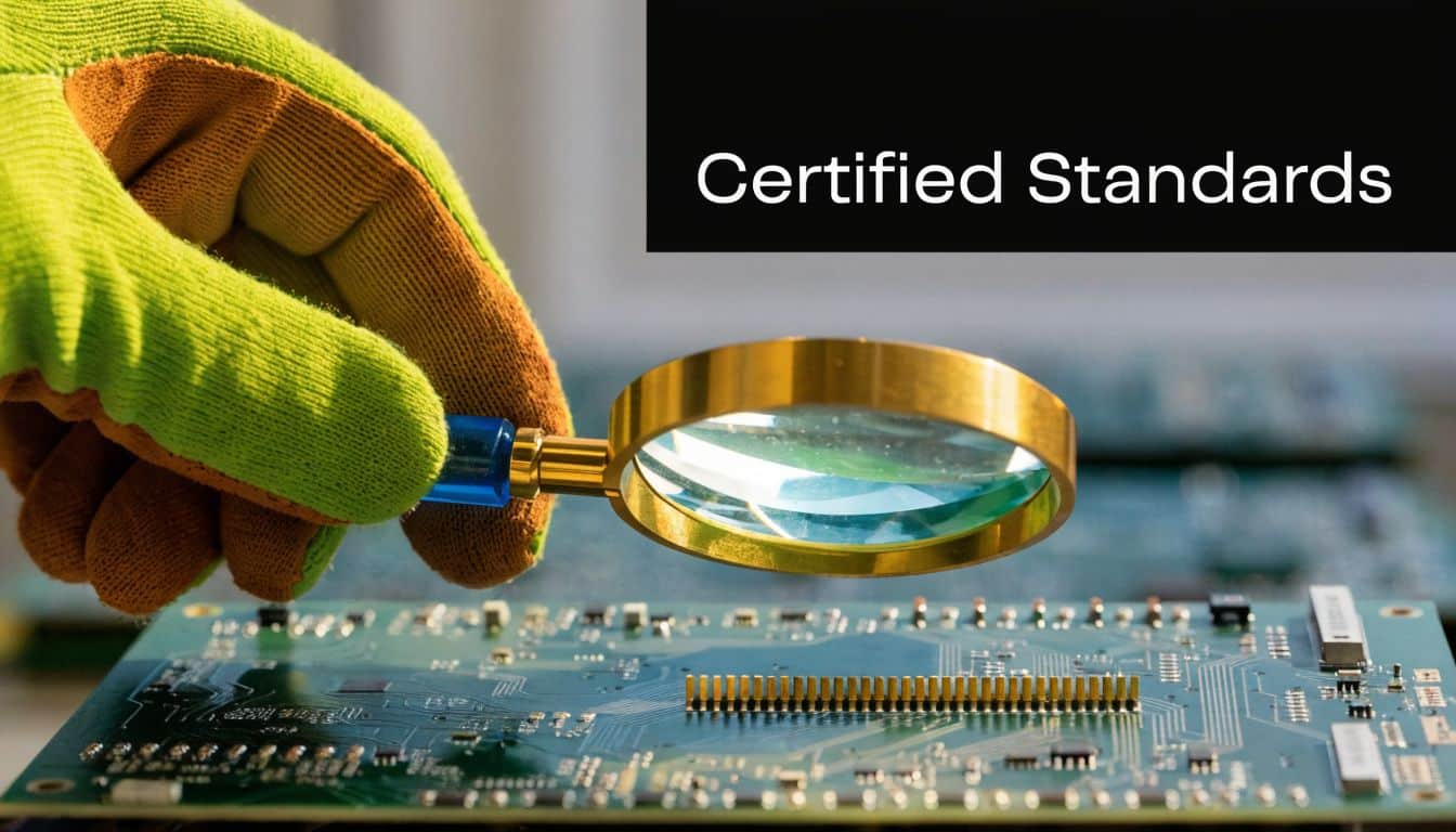 A gloved hand holds a magnifying glass over a green electronic printed circuit board for inspection.