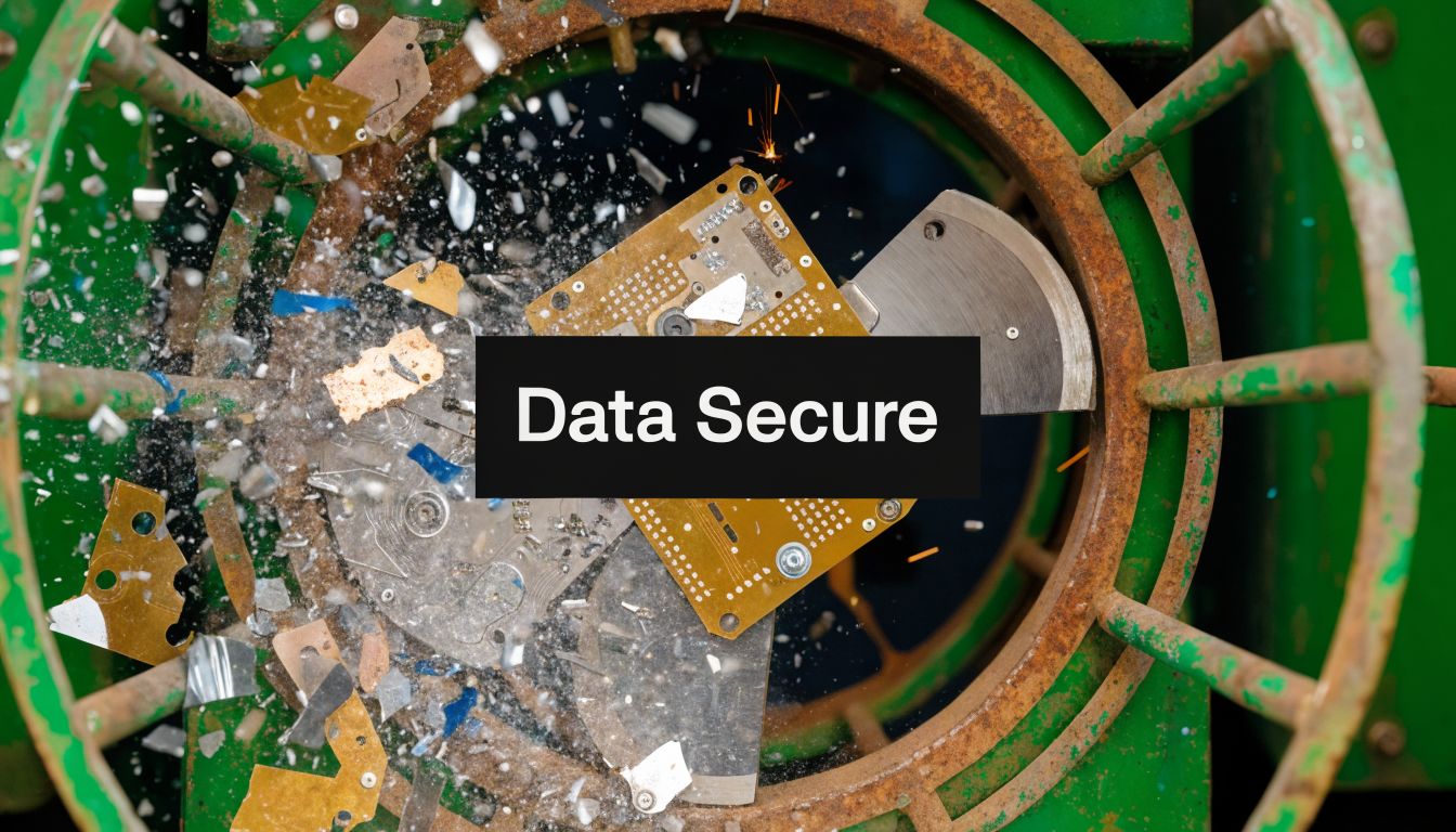 An industrial machine shredding computer hardware components to ensure secure permanent destruction of digital data.