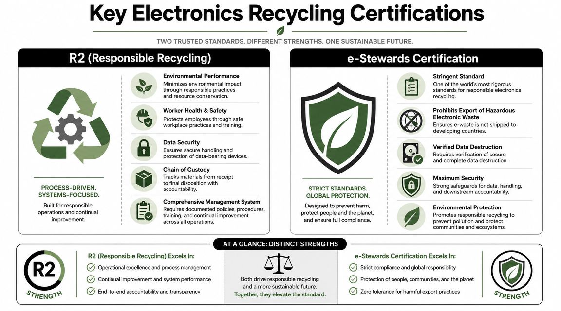 An infographic comparing key electronics recycling certifications, specifically R2 and e-Stewards, highlighting their distinct standards and strengths.