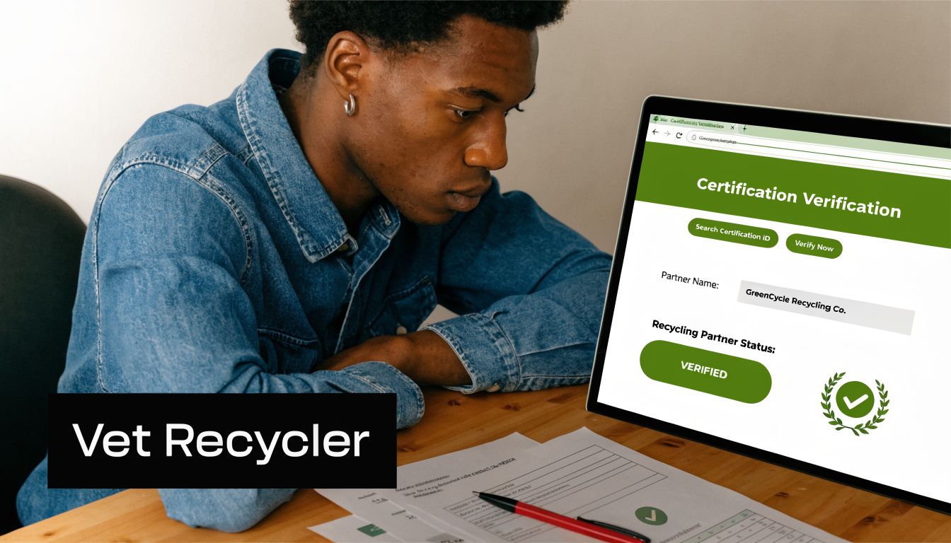 A young man sitting at a desk checking the verification status of a recycling partner on a laptop.