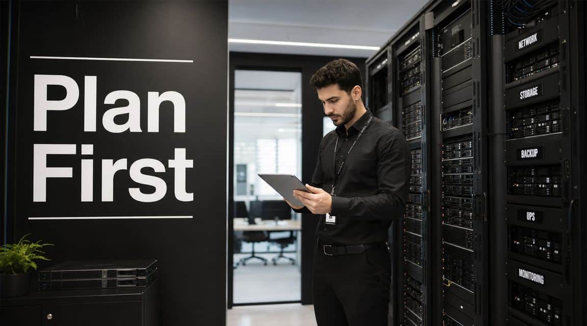 A professional IT technician checking server racks in a modern data center with a tablet.