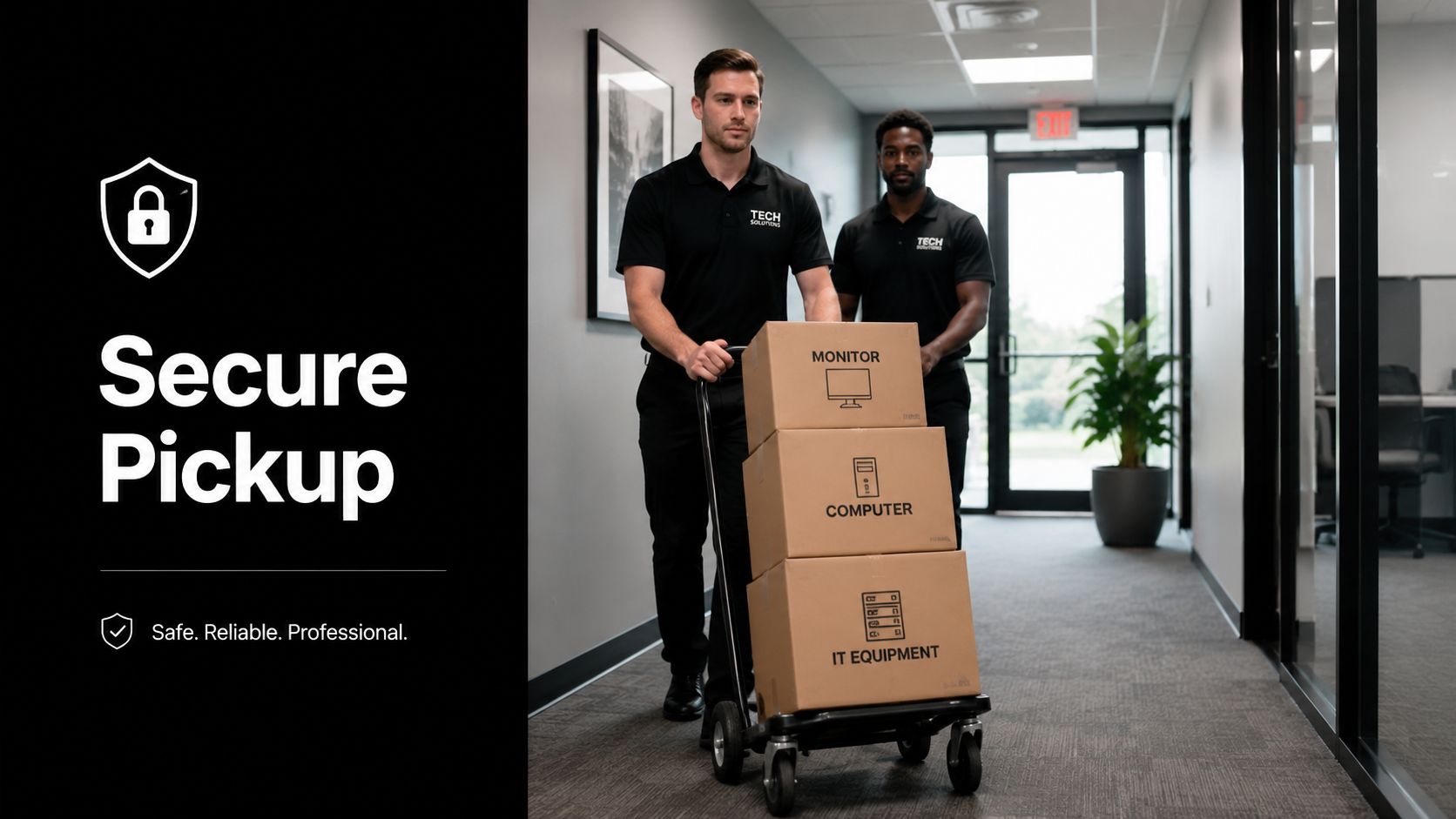 Two professional movers in black uniforms transporting a stack of office equipment boxes in a hallway.