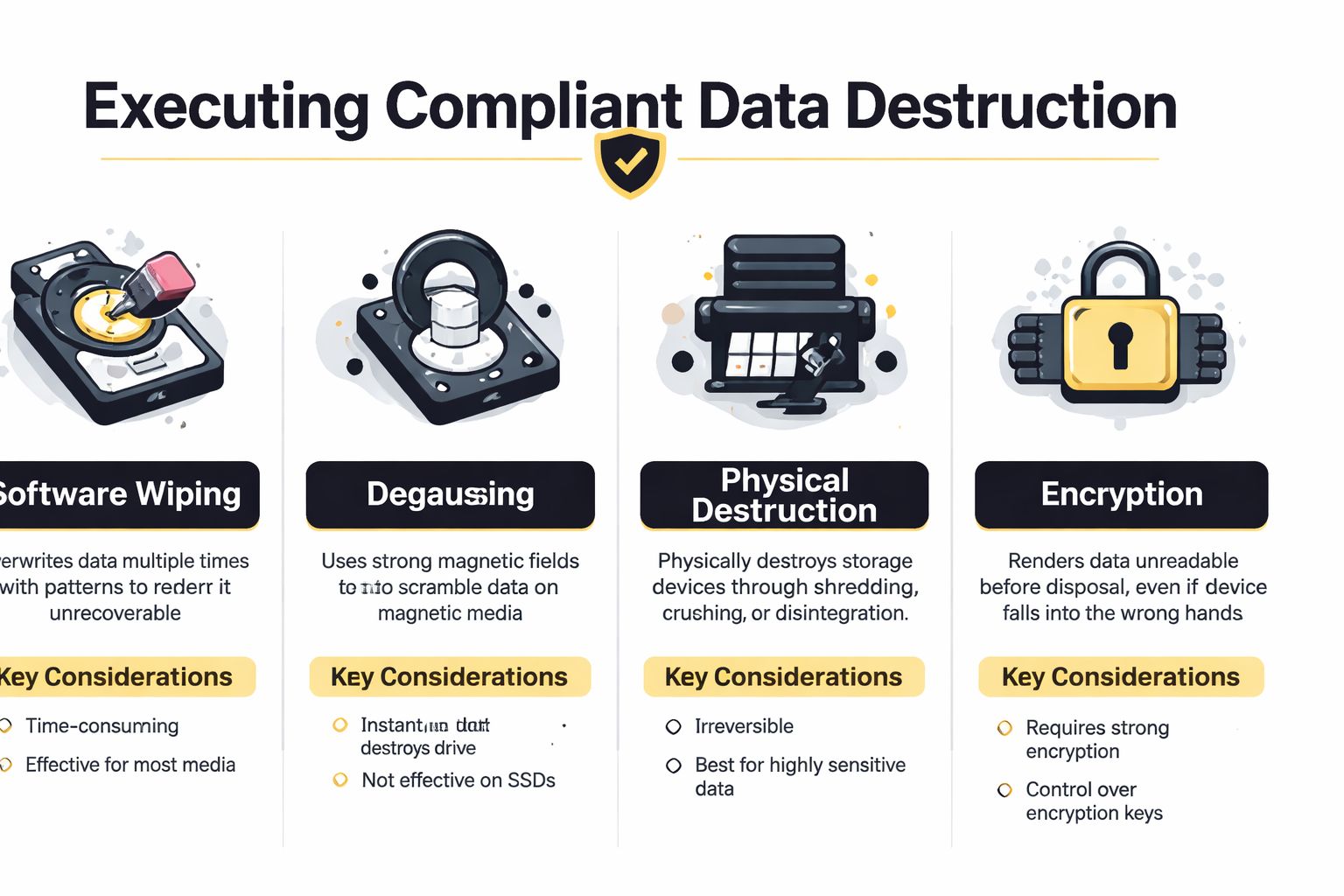 A visual guide explaining four methods for compliant data destruction including software wiping, degaussing, physical destruction, and encryption.