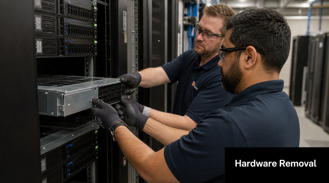 Two technicians wearing gloves carefully removing a server component from a rack in a data center.