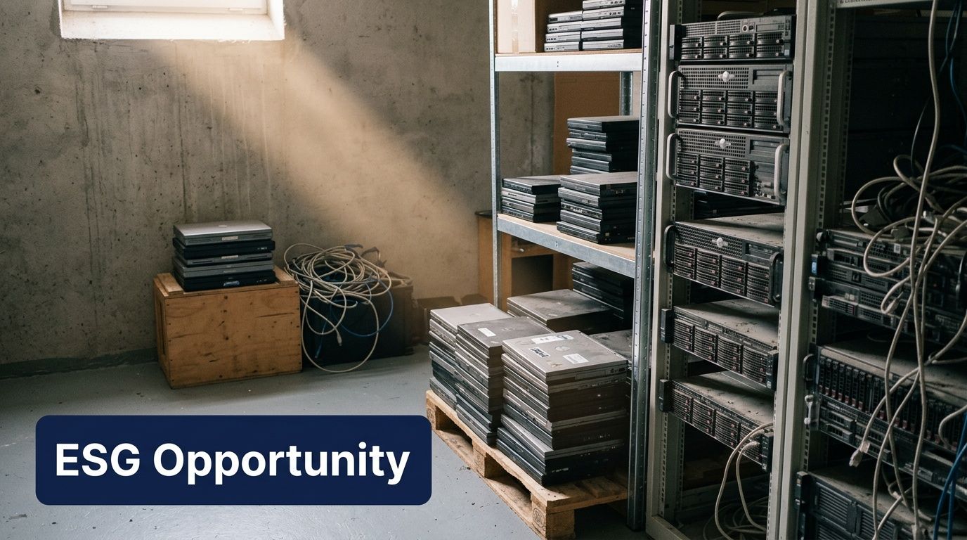 A storage room containing stacked old servers and laptops on pallets, illustrating an ESG opportunity.
