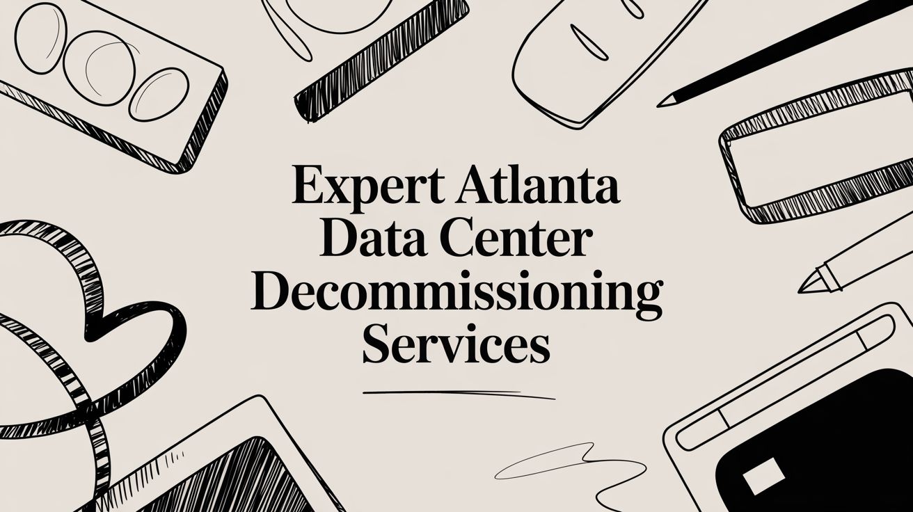 Center text reads 'Expert Atlanta Data Center Decommissioning Services' with hand-drawn office doodles on a beige background.