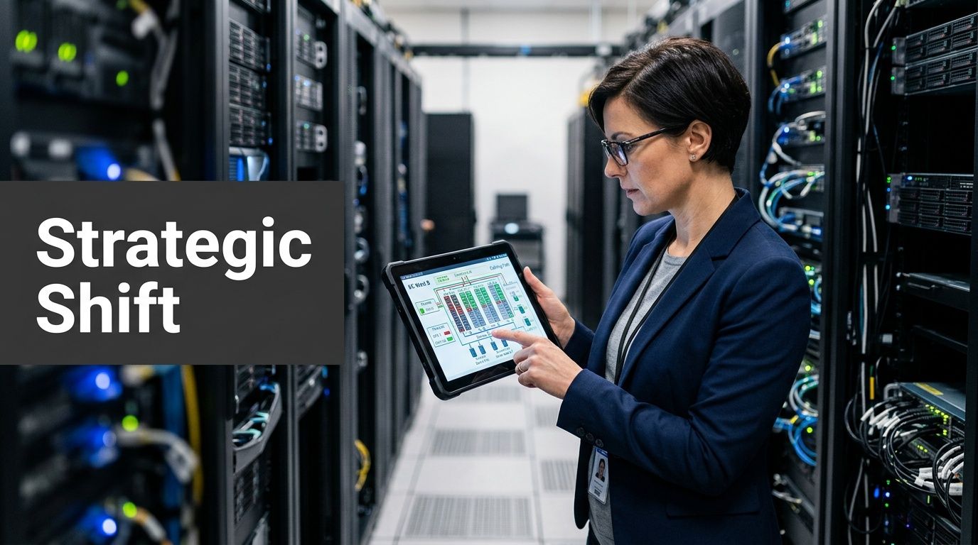 A professional woman uses a tablet to inspect server infrastructure inside a modern secure data center.