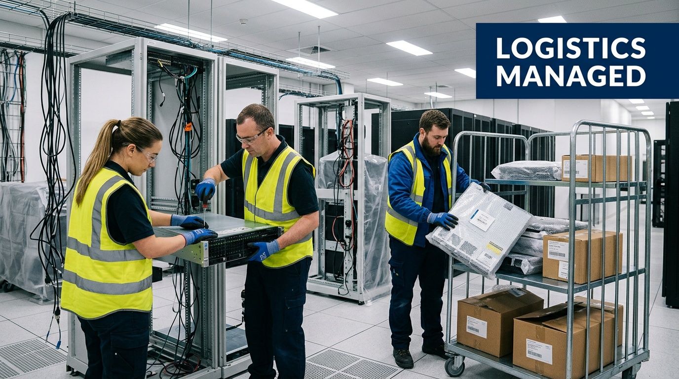 Technicians in safety vests working on server racks and handling equipment in a modern data center.