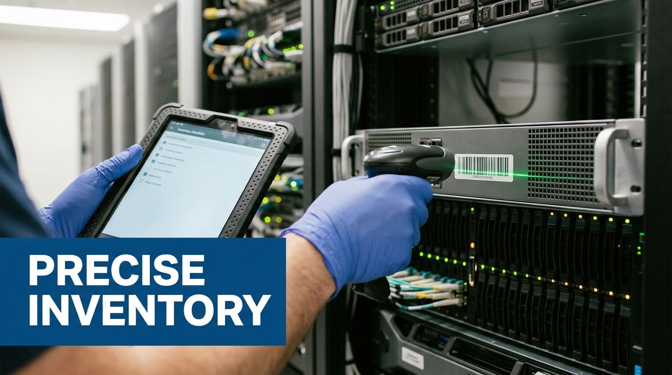 A technician wearing blue gloves scans a barcode on a server rack within a data center environment.