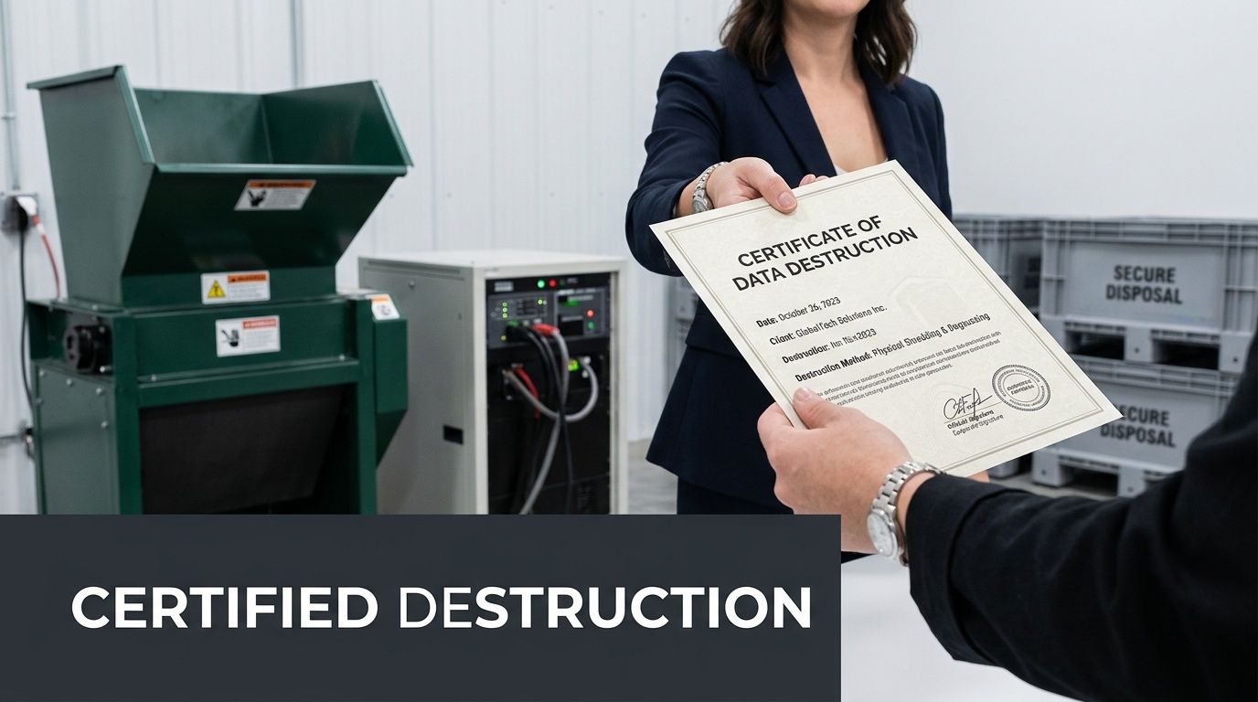 A professional person hands a formal certificate of data destruction to a client in a facility.