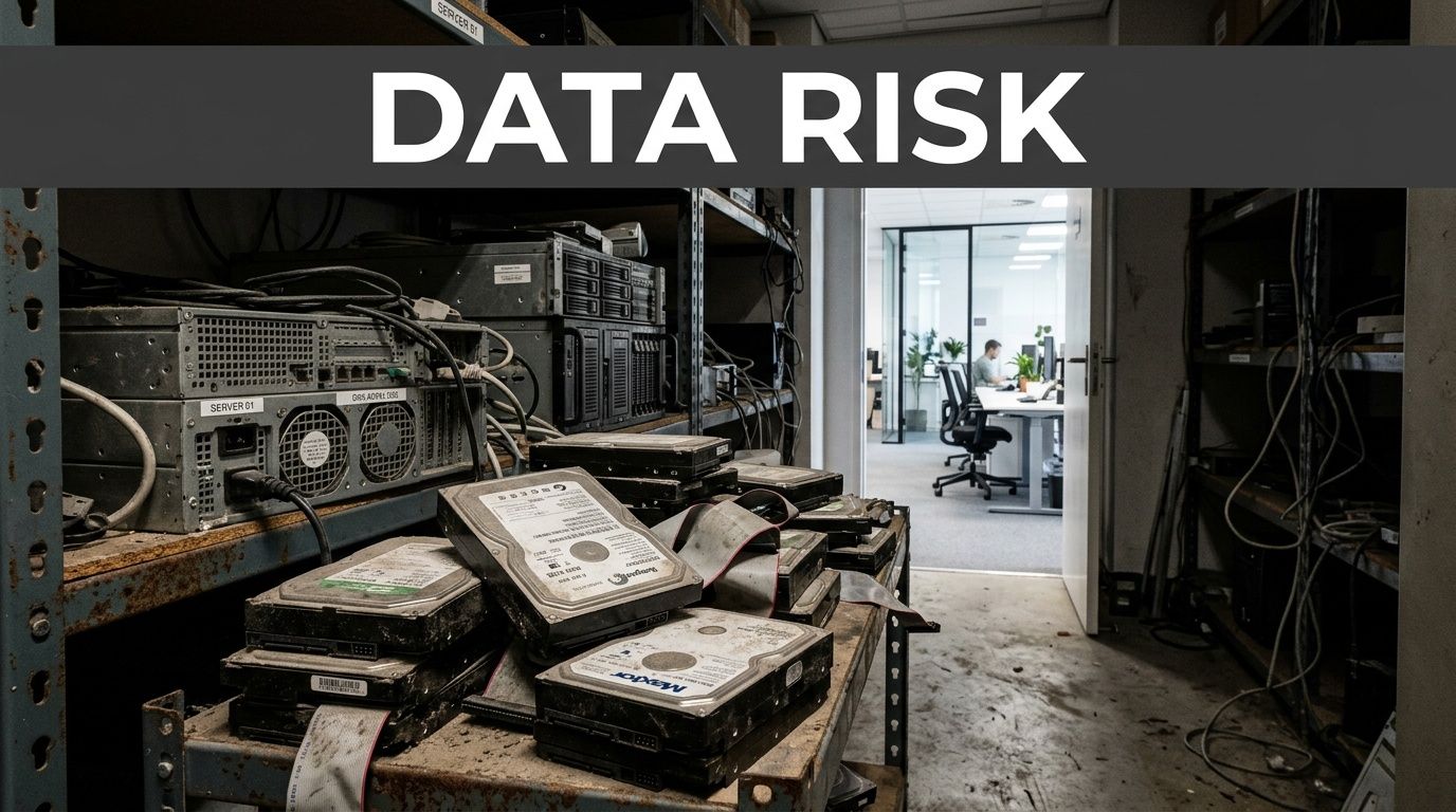 An untidy server room with old hard drives and servers, highlighting the importance of data destruction certification.