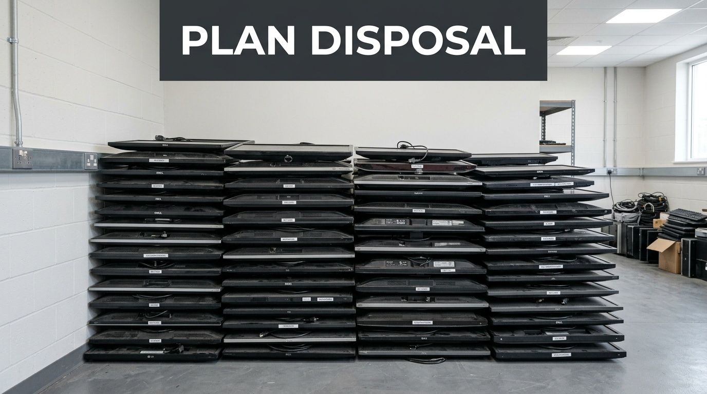 A large stack of old desktop monitors arranged neatly in a storage area for planned disposal.