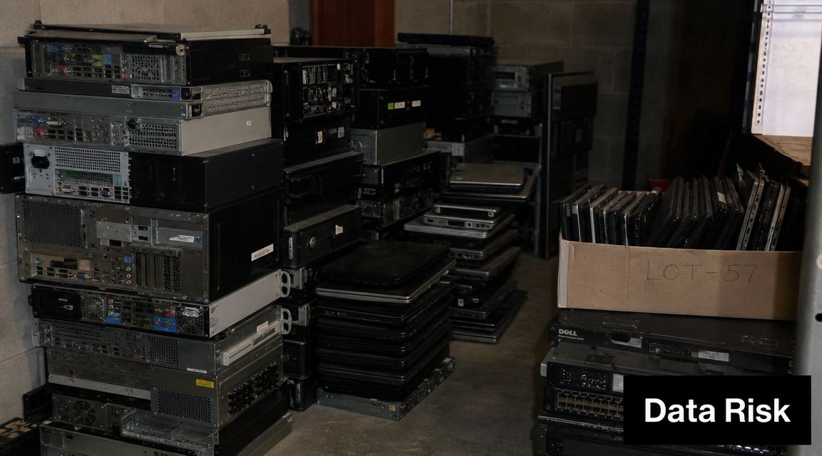 A stack of old computer towers and laptops in a storage room, representing potential electronic data security risks.