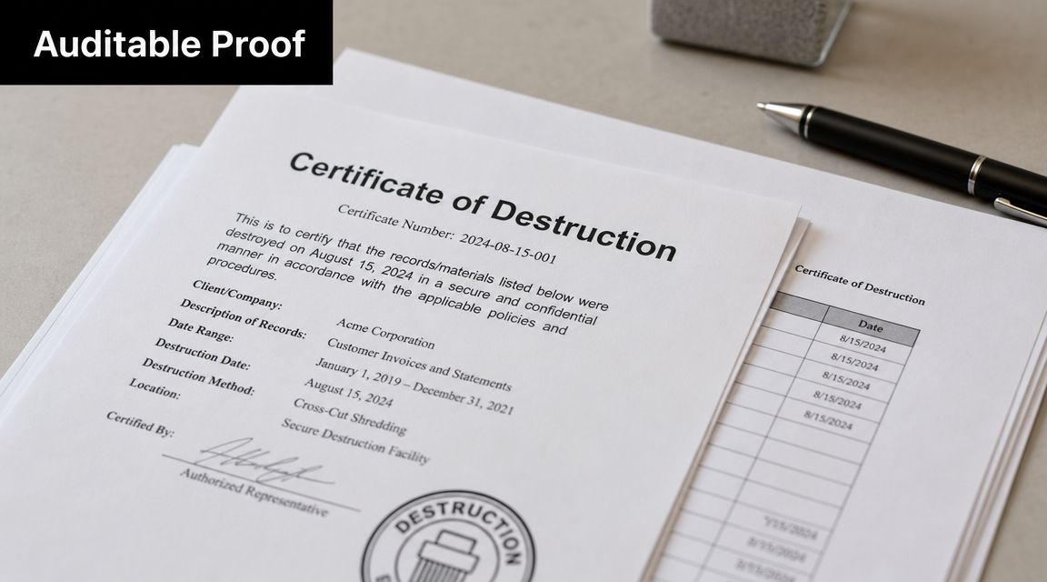 A Certificate of Destruction document lying on a desk with a pen and a stamp.