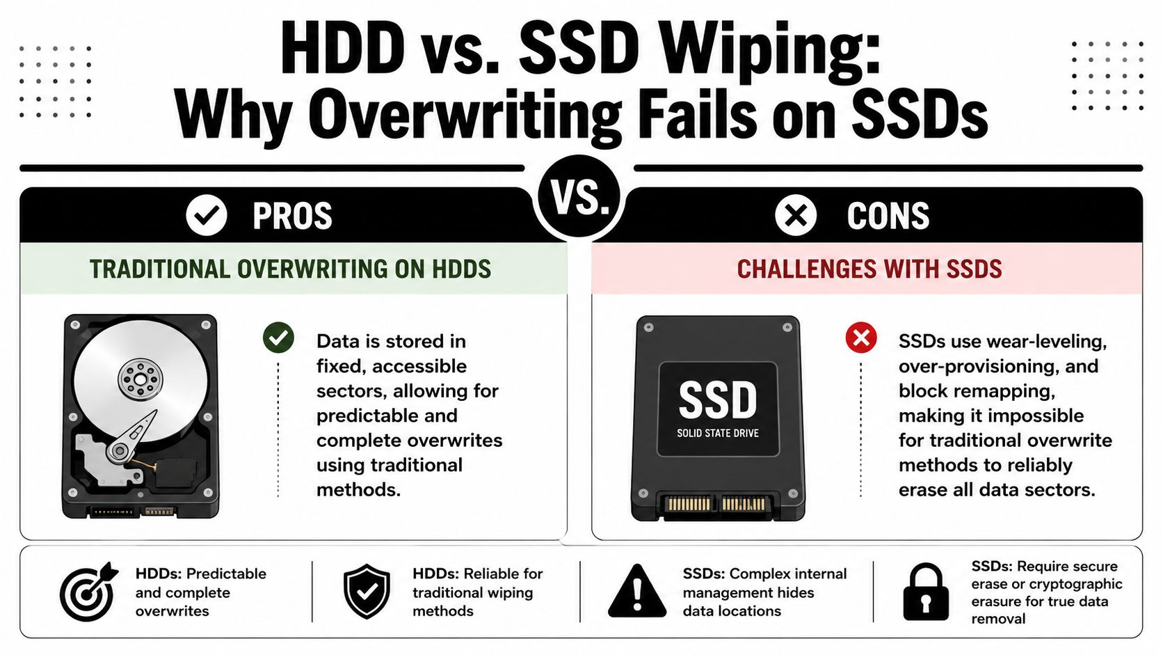 A comparative infographic showing why traditional overwriting methods are effective on HDDs but fail on SSDs.