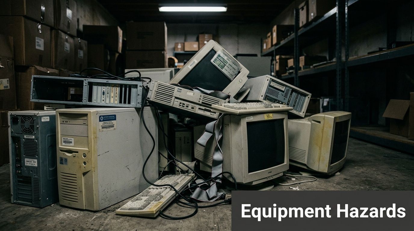 A pile of discarded old computer monitors and tower cases inside a cluttered warehouse storage room.