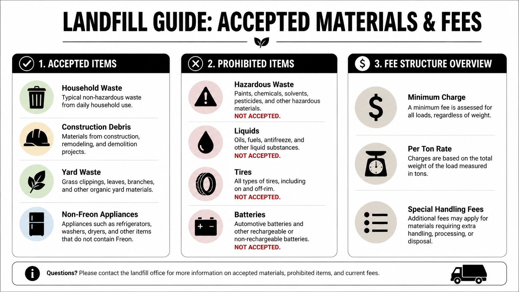 A landfill guide infographic outlining accepted items, prohibited materials, and the fee structure for waste disposal services.