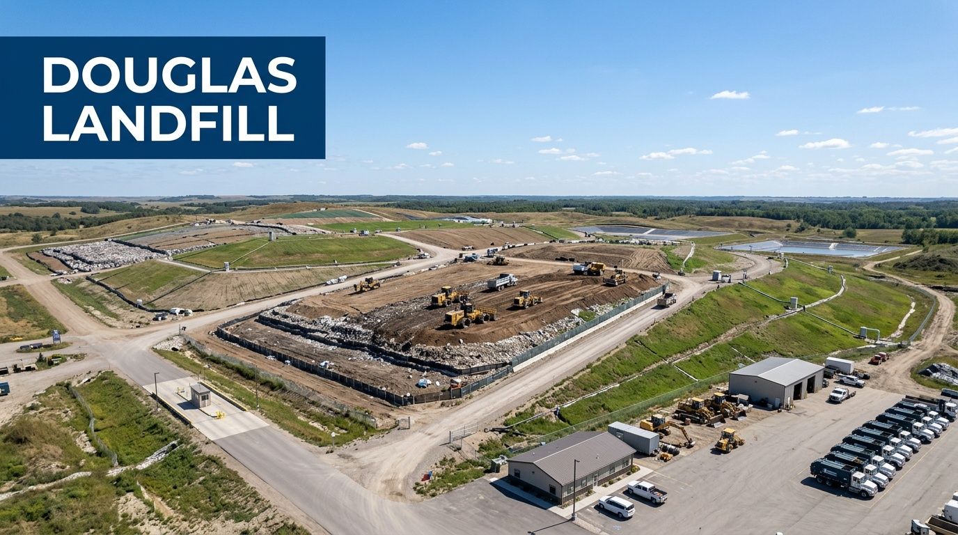Aerial view of the Douglas Landfill facility featuring construction equipment, waste management areas, and support buildings.