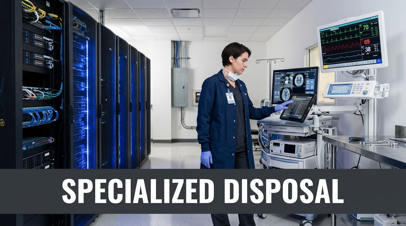 A medical professional monitoring data on computer screens next to a row of server rack cabinets.