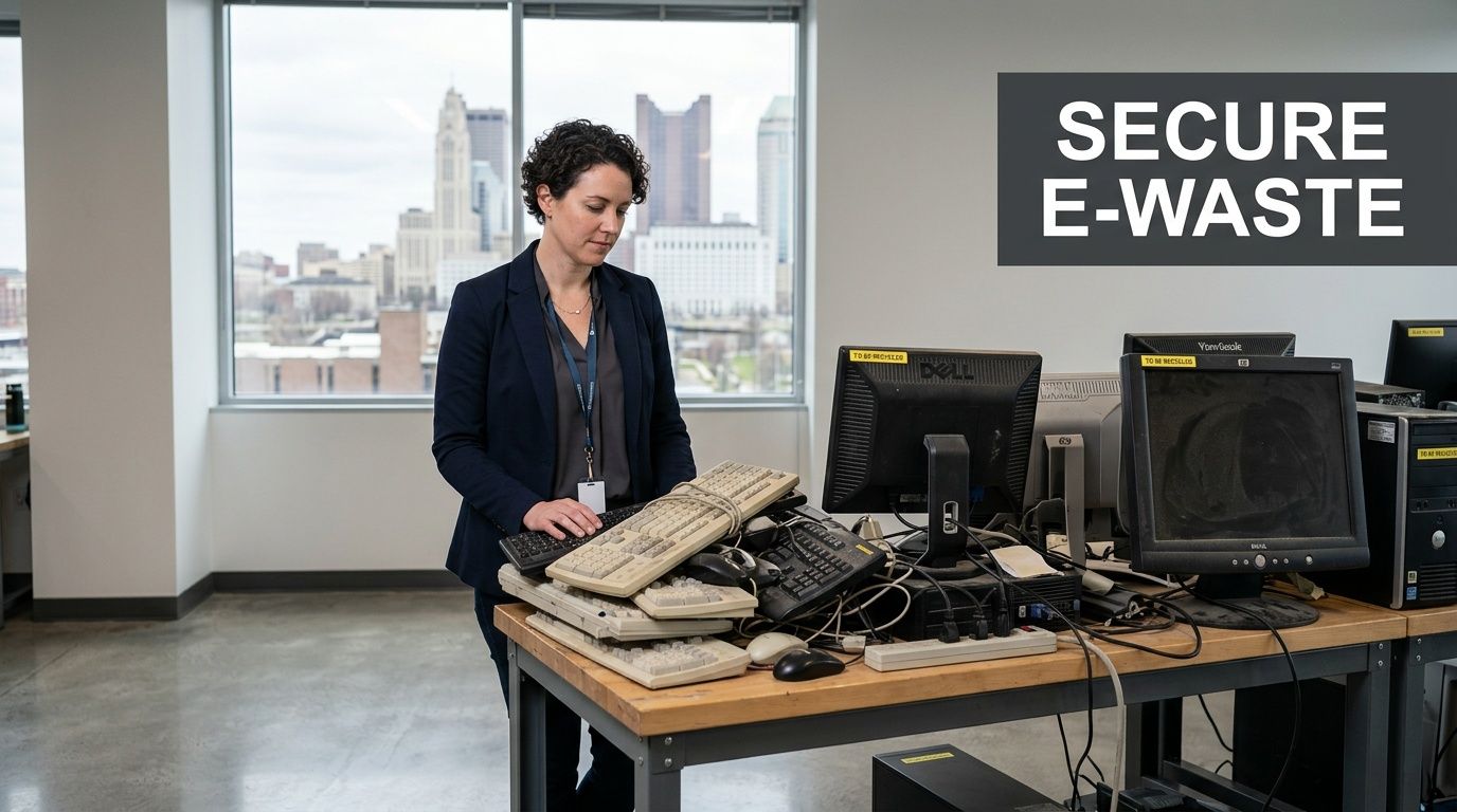 A professional woman organizing old computer equipment for secure e-waste recycling in a Columbus office.