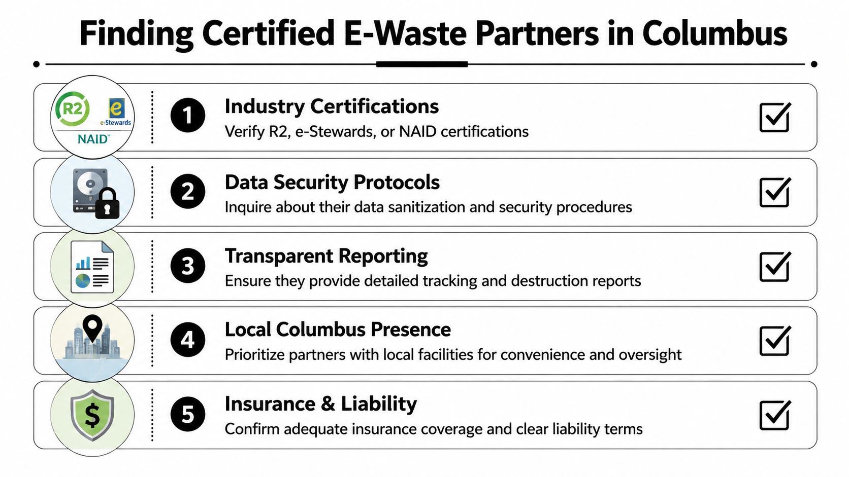 A five-step infographic guide for selecting certified e-waste recycling partners in Columbus, Ohio.
