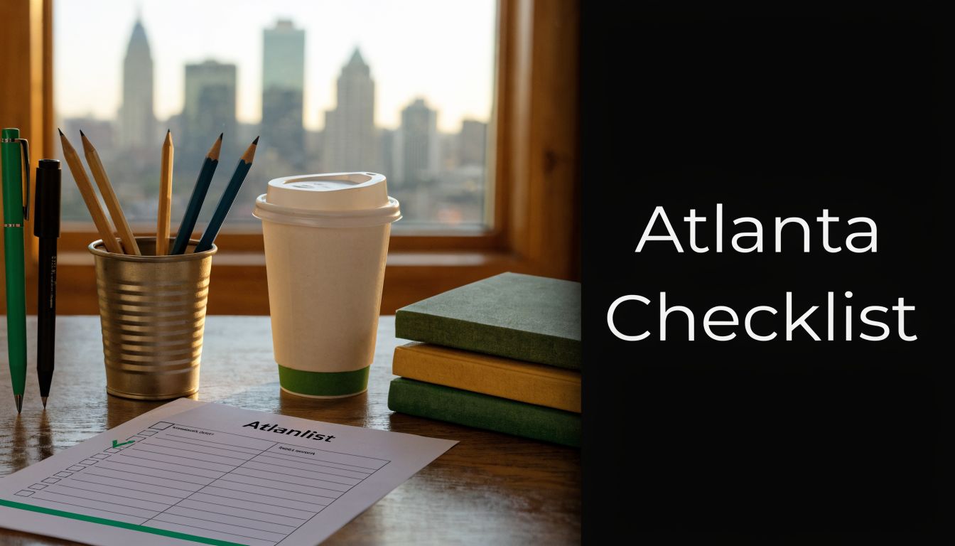 A paper titled Atlanlist with a checklist sits on a desk alongside a coffee cup and pencils.