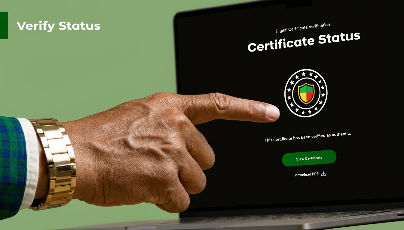 A hand pointing to a laptop screen displaying a digital certificate verification confirming authenticity status.
