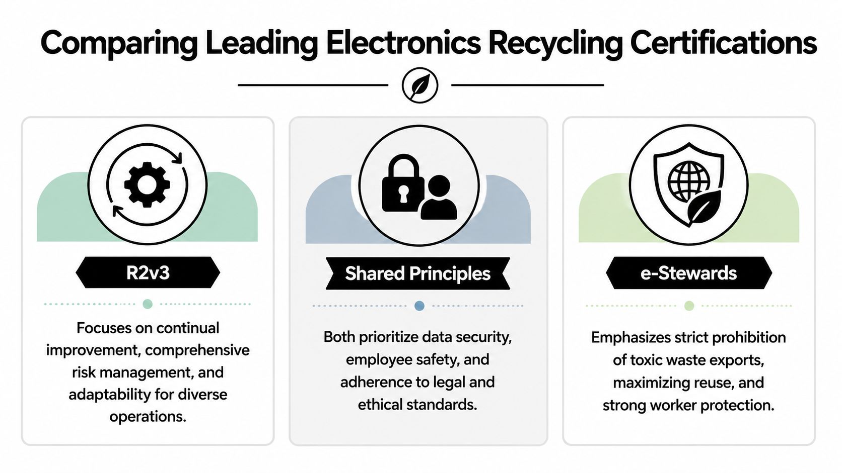 An infographic comparing the R2v3 and e-Stewards electronics recycling certifications and their shared core industry principles.