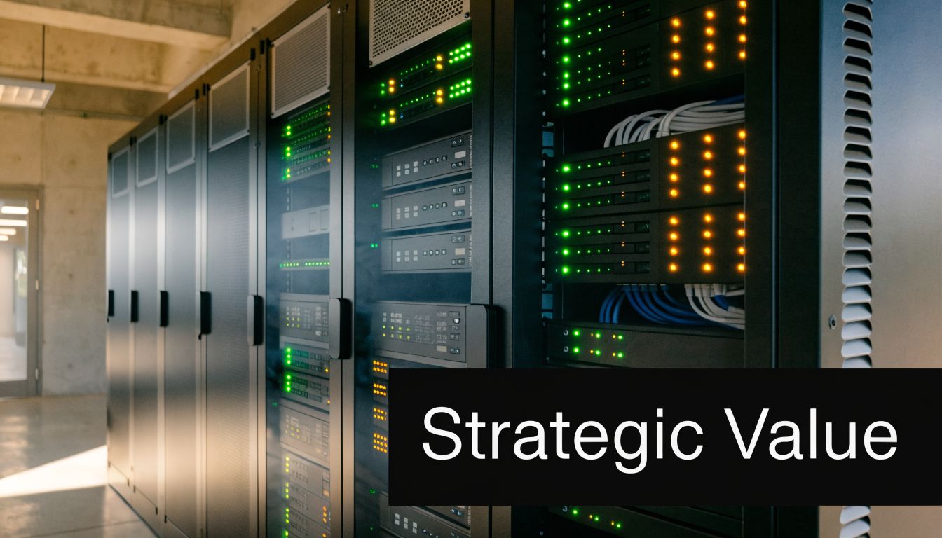 A rows of server rack cabinets in a high-tech data center with glowing green and orange status lights.